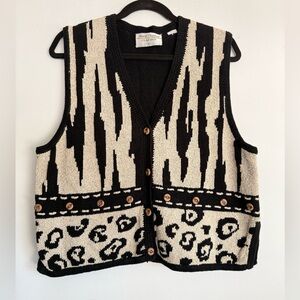 Vintage 90s Marisa Christina Ramie Cotton Knit Animal Print Button Up Vest Large